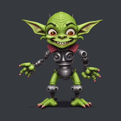 AI generated: cartoon goblin, the Goblin is dressed in cybernetics, robotic, sci fi, 