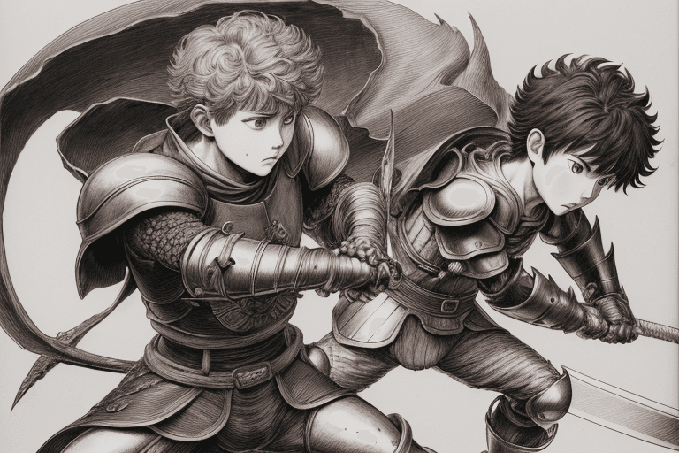 AI generated: monochrome, a little boy, brown hair with tuft, in golden armor, manga, ((without helmet)), in a fig...