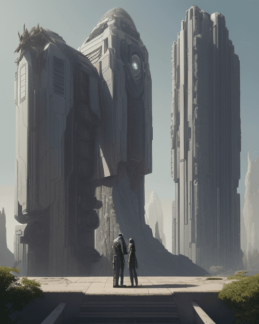 AI generated: A man and woman from another world standing in front of a building on a habitable planet, An Hawk as...