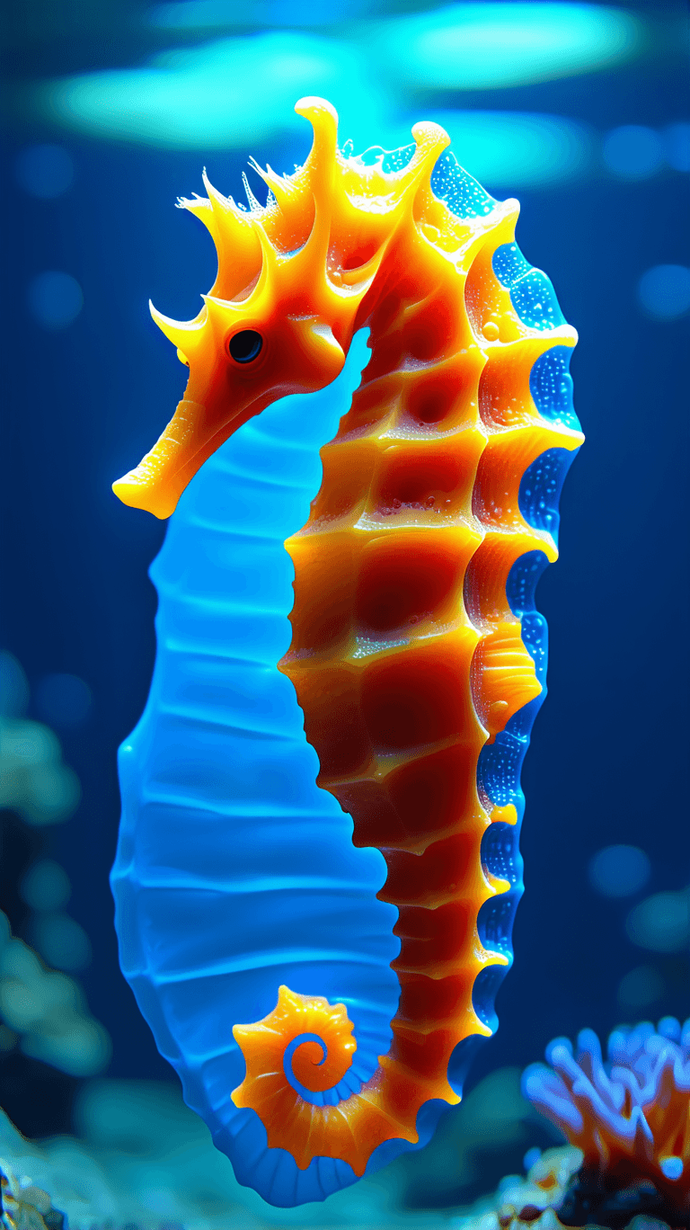 AI generated: Macroview of sea horse head,ultradetailed,glowing in red,blue and yellow,8K,ultrarealistic,ultraviol...