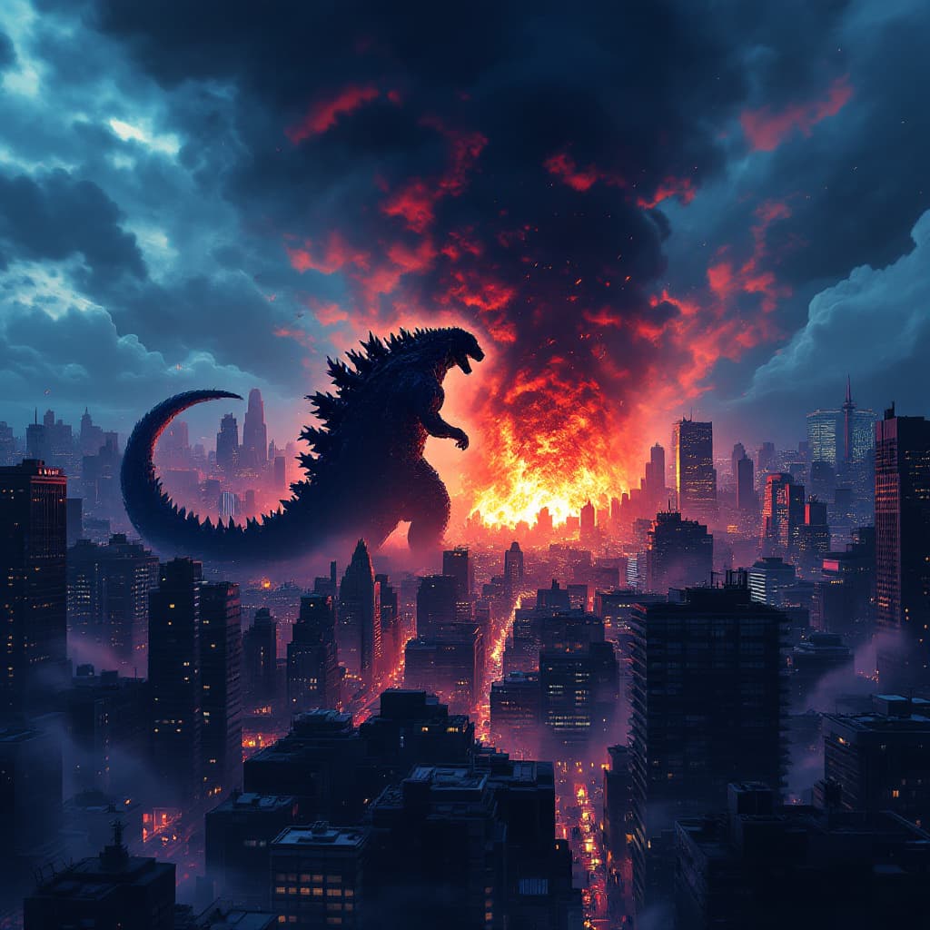 AI generated: negative space of godzilla destroying a city