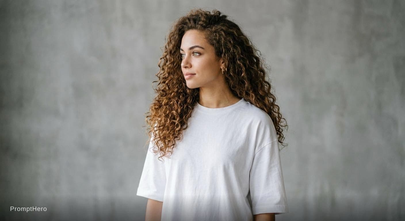 AI generated: Beautiful model  with white free size t-shirt and it's sleeves are until elbow and green Jade eyes, ...