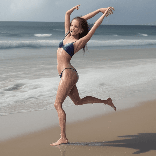 AI generated: girl, dancing on a beach, full body, wet skin, right leg amputee above de knew