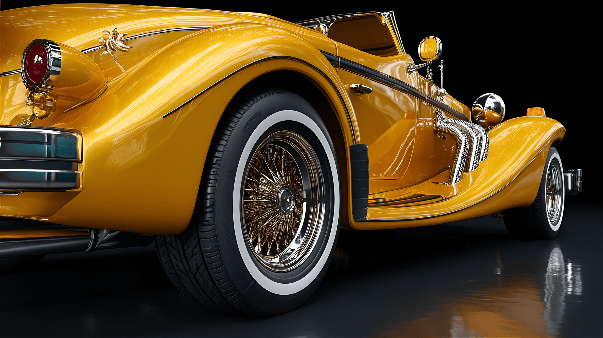 AI generated: highly polished, golden-yellow vintage car, full shot,  luxurious classic car,  ornate details,  ric...