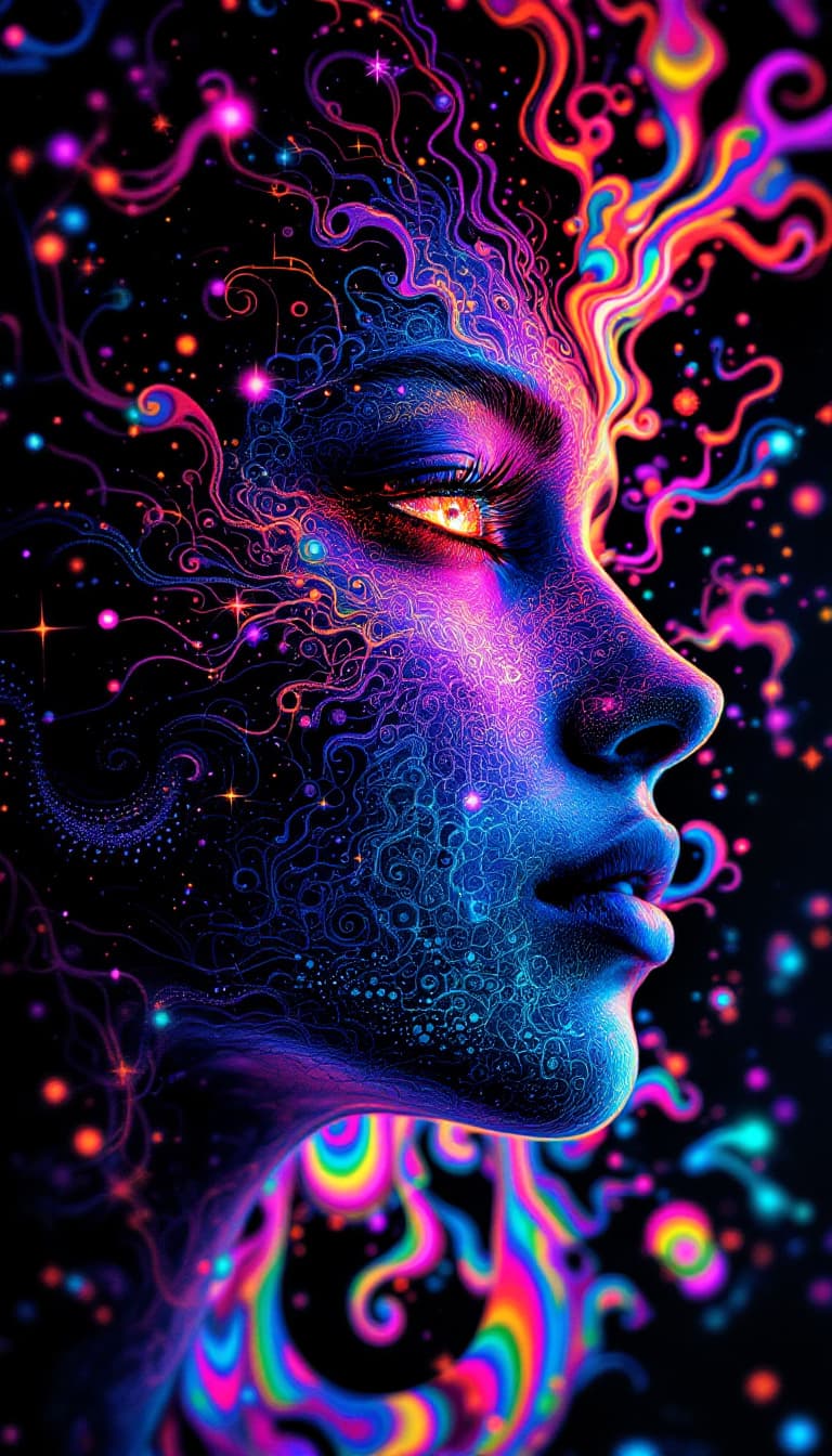 AI generated: Psychedelic inkpunk glitch style, lens flare, DSLR, static corruption, signal distortion, holographi...
