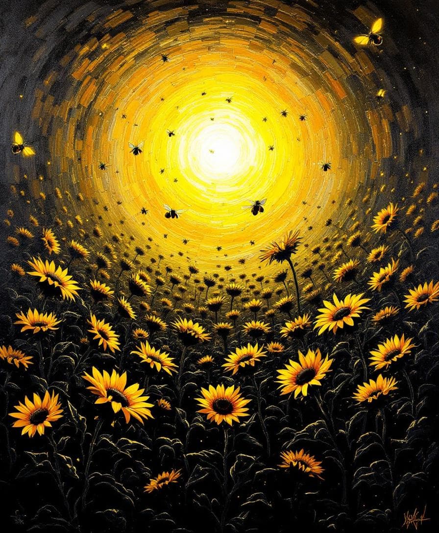 AI generated: "A surreal field of black sunflowers under a glowing yellow sunset, bees with luminous yellow wings ...