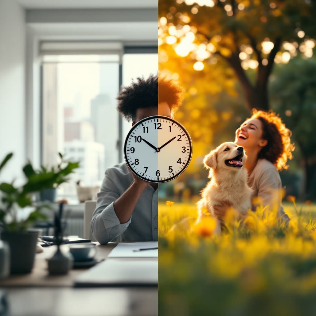 AI generated: Split-frame photorealistic image (8K) showing work-life balance: Left side—a focused professional in...