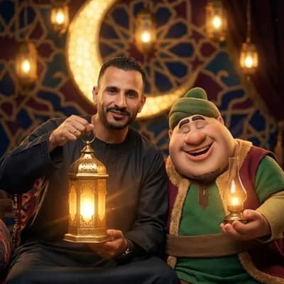 AI generated video: 
Create a cinematic Ramadan video based on the provided image.
The man and the friendly cartoon char...