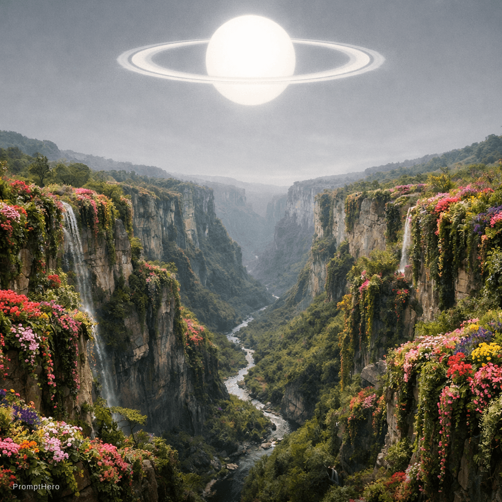 AI generated: a scenic landscape of a massive canyon with vines climb down it with lots of colorful flowers but th...