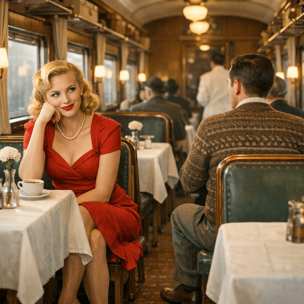 AI generated: A beautiful blonde Russian woman is seated on one side of the aisle of a 1945 passenger train dining...