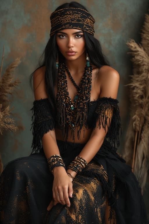 AI generated: a woman in a black dress and headband sitting on a chair, egyptian art by Alexander Kucharsky, featu...