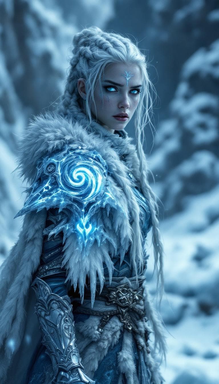 AI generated: A cinematic digital artwork featuring a resilient, female frost warrior in a resolute yet weary, bat...