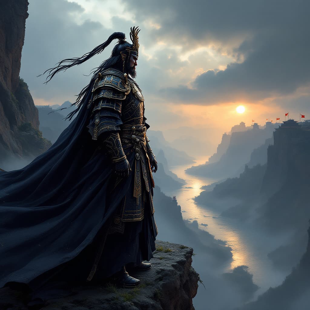 AI generated: Cao Cao in dark imperial armor, standing on cliff overlooking Yangtze River, commanding presence, dr...