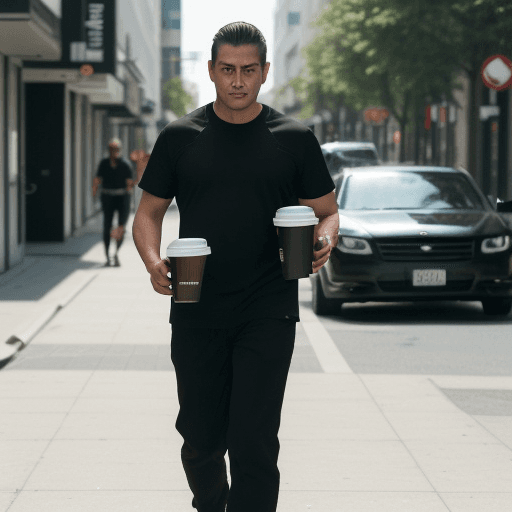 AI generated: The image features a  man wearing a black shirt and black pants, walking down a street while carryin...