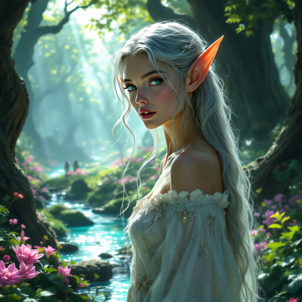 AI generated: A beautiful and artistic portrait of a young female elf standing gracefully in a vibrant, enchanted ...