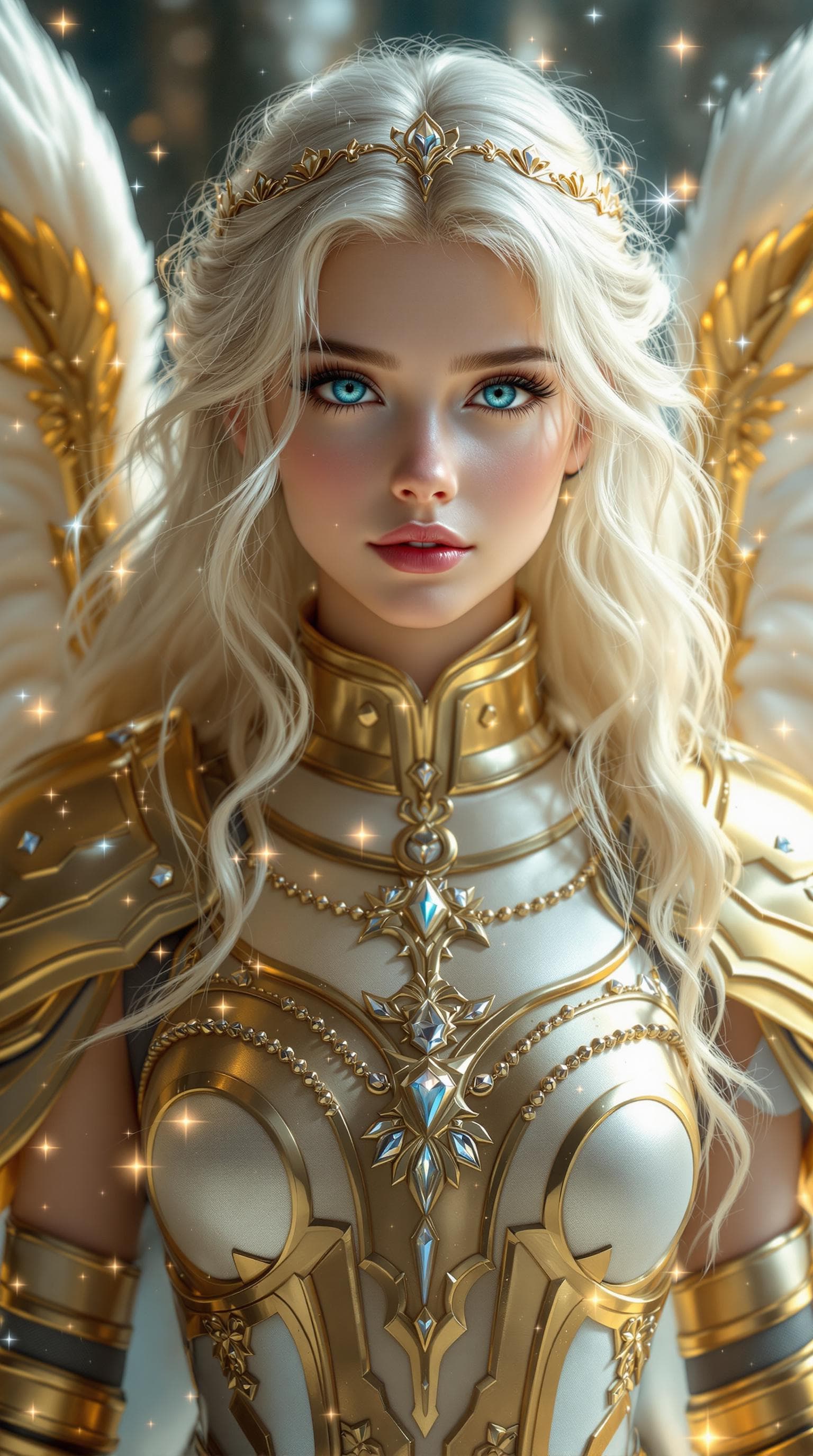 AI generated: A photo realistic exceptionally beautiful tween angel, aquamarine eyes, platinum blonde hair, golden...
