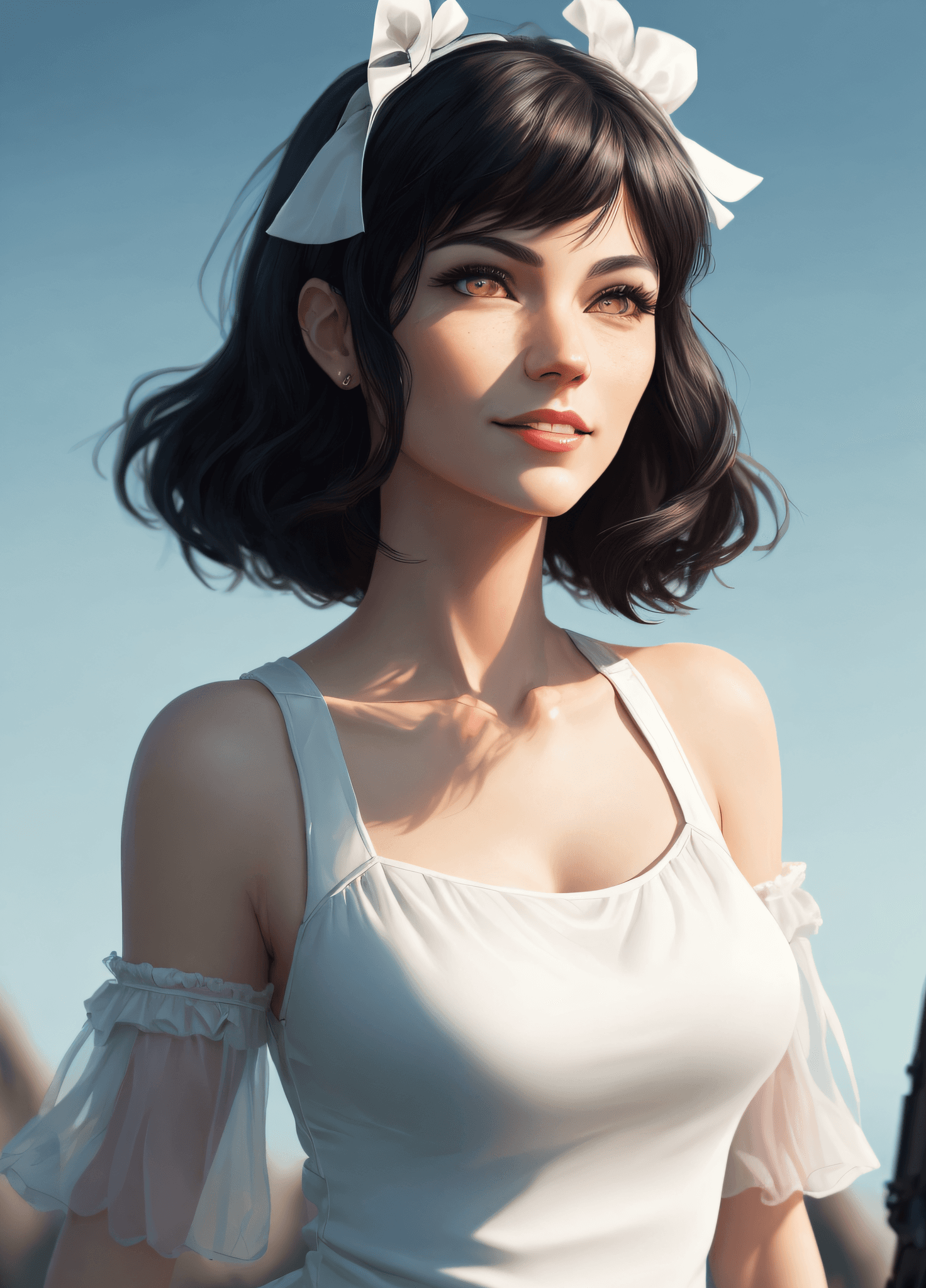 AI generated: blake belladonna, expressionless, closed mouth, looking afar, black hair bow, sleeveless shirt, deta...