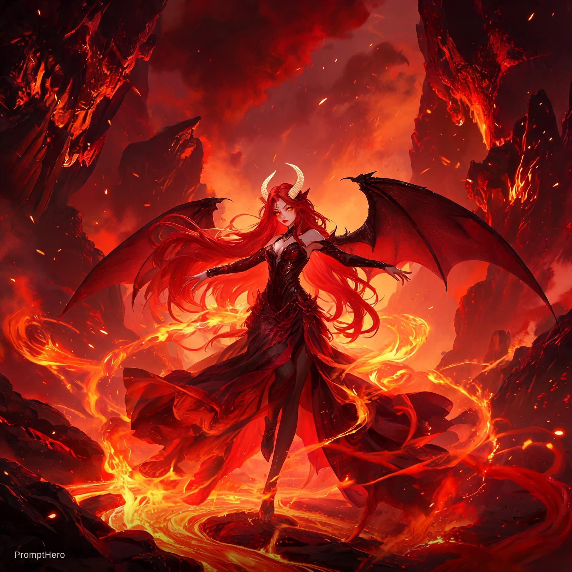 AI generated: a beautiful demoness is dancing in the fires of the hell