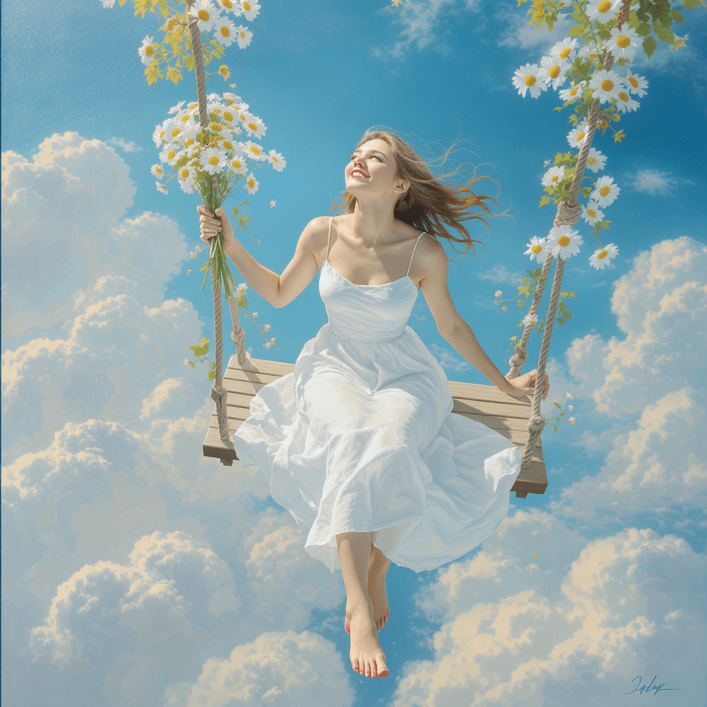 AI generated: Young, light-skinned woman, mid-20s, seated on a swing high above the clouds, a carefree expression....