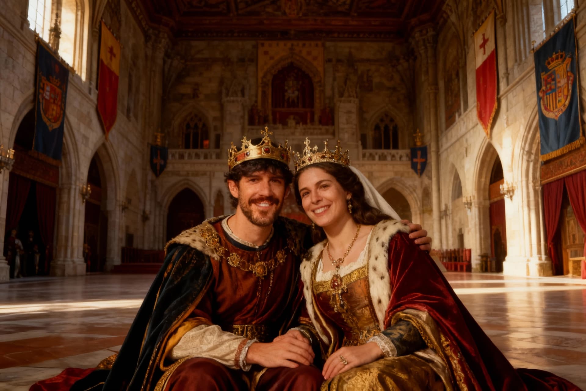 AI generated: Create a highly realistic portrait of the people in the reference image as the king and queen of Red...
