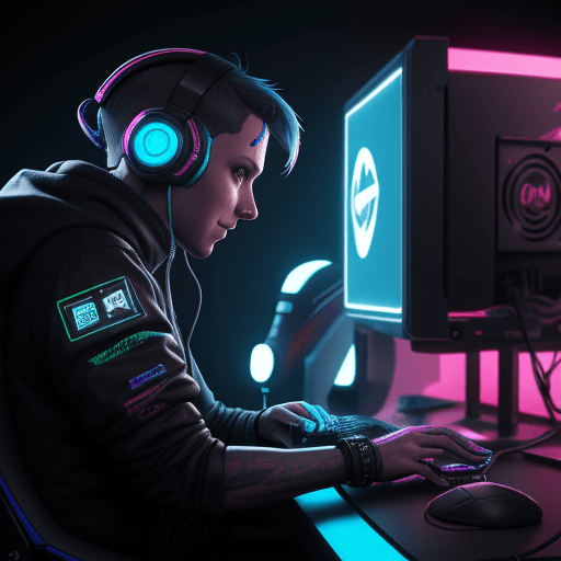 AI generated: a pc gamer having fun playing games on their gaming pc, side view, rgb lights on keyboard, mouse, an...