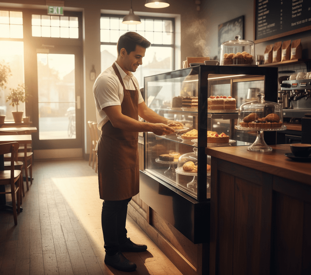 AI generated: At a coffee shop. It's a early morning, it's dawning. The Hispanic male barista is 5 feet tall. He i...