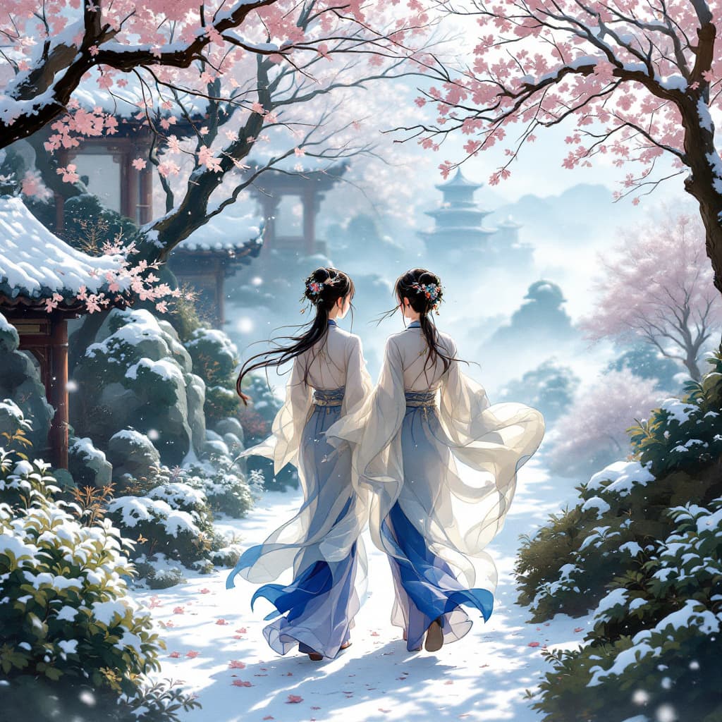 AI generated:  Two women walking in a Chinese garden, looking at the viewer,wearing Hanfu and flowing robes, in th...