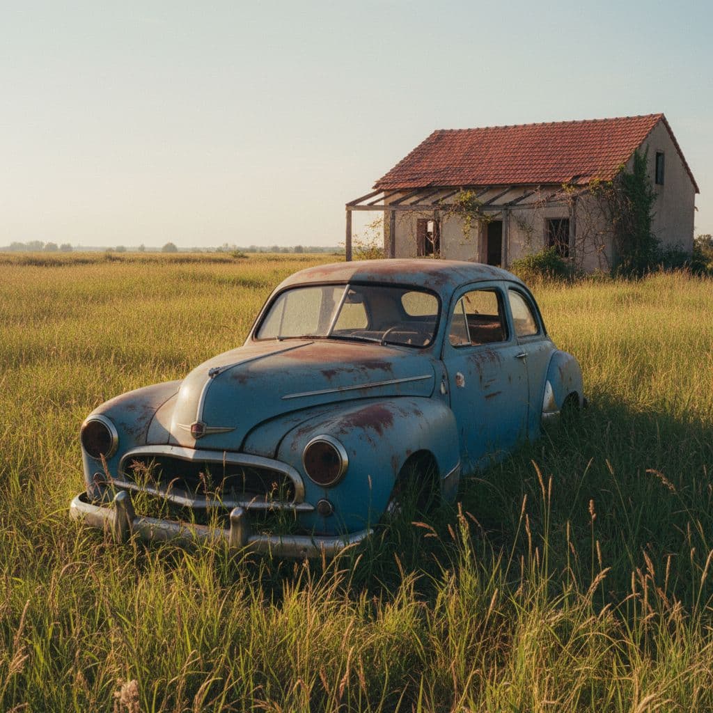 AI generated: A realistic Eastman Kodak 5294 photo of vintage, rusted blue car, positioned prominently in an overg...
