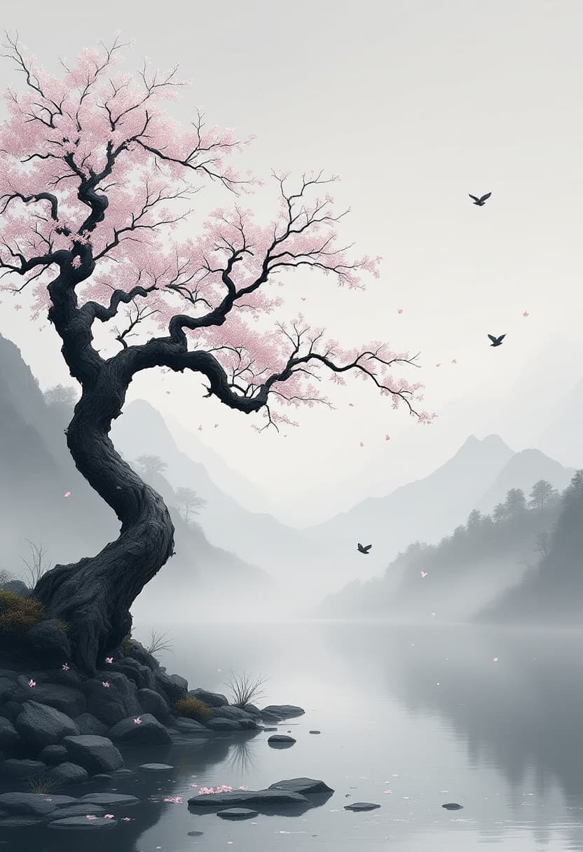 AI generated: A weathered Japanese cherry blossom tree standing near the edge of a calm river in a fog-filled vall...