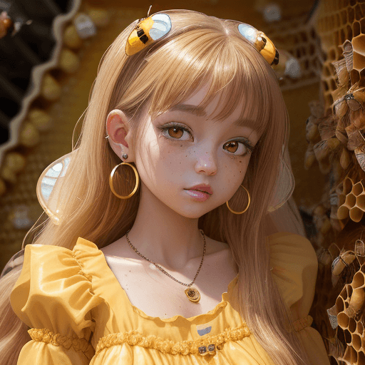 AI generated: create a realistic detailed image of 30k pixel size, a kawaii girl hugging a cute bee, her hair is l...