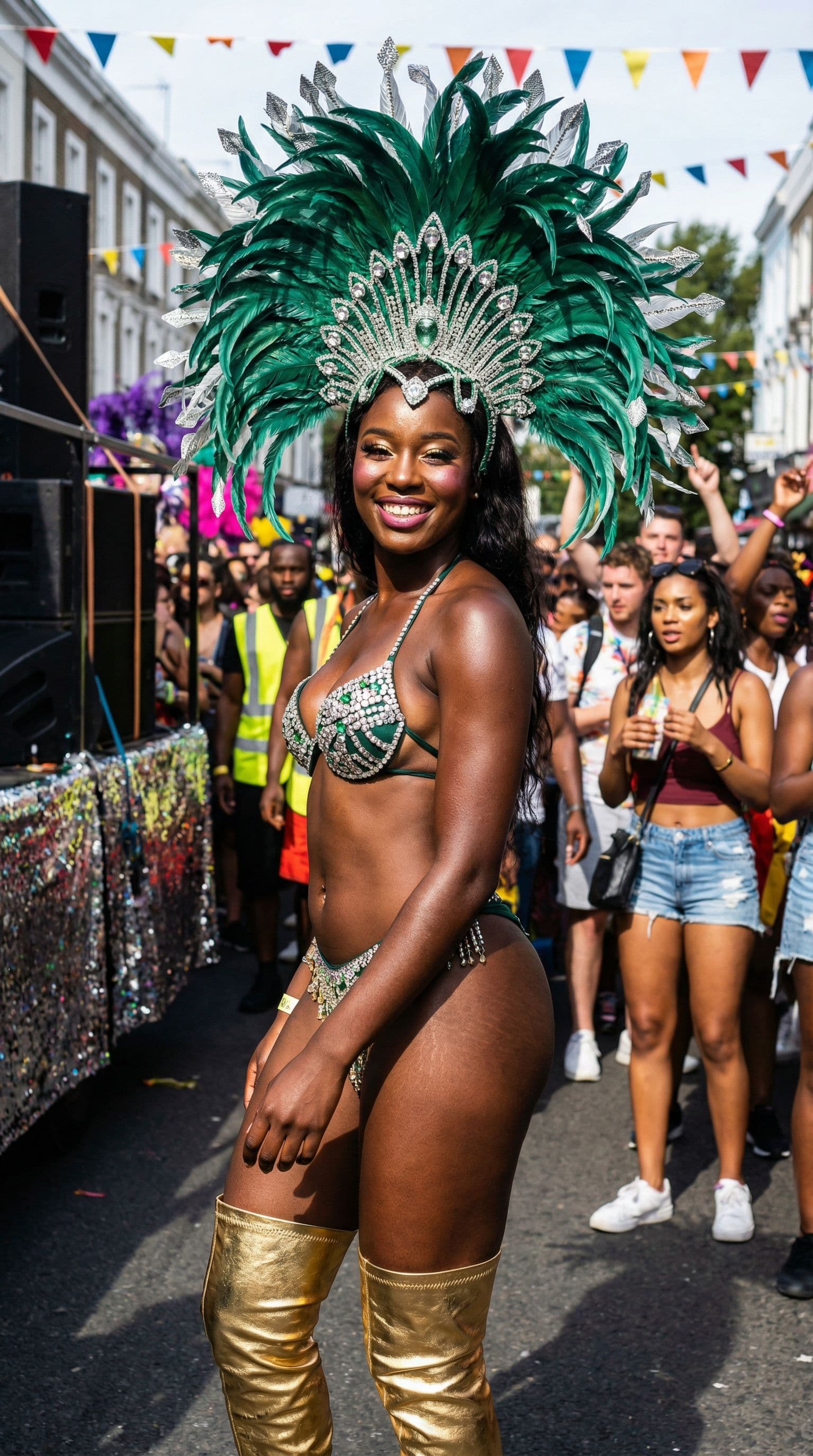 AI generated: An espresso brown-skinned African American woman stands confidently, her emerald green and silver fe...