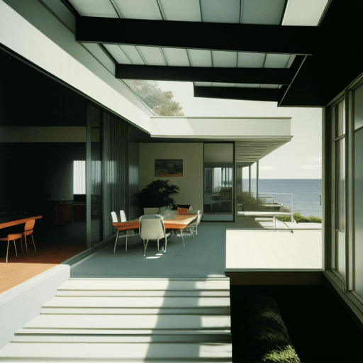 AI generated: Hyper realistic eye level exterior photo of a mid century modern style house overlooking the ocean, ...