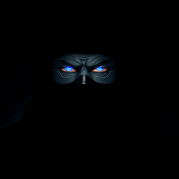 AI generated: high quality foto of a big man, black mask, dark looking eyes, in a dark blue atmosphere,