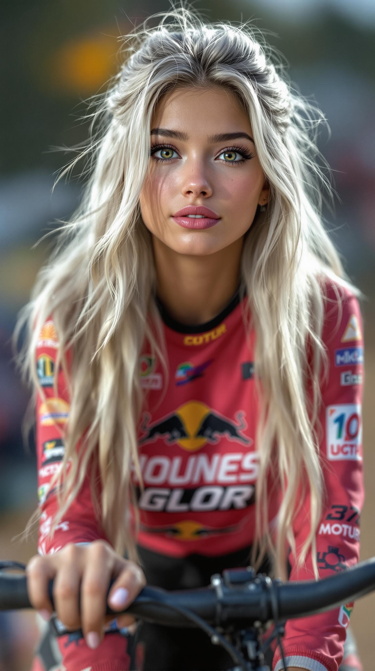 AI generated: A professional portrait of the most stunning 10th-grade girl in the world, a BMX dirt bike racer, de...