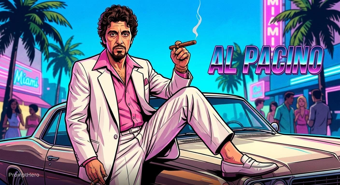 AI generated: Full-body illustration of Al Pacino in a stylized 1980s Miami setting. He's wearing a pink wide-coll...
