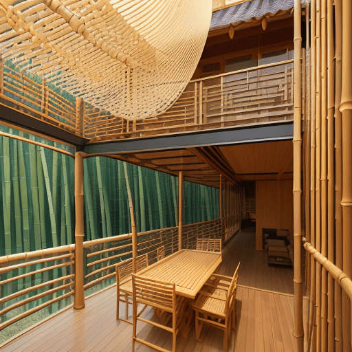 AI generated: In the architectural style of Frank Gehry, A twelve metre high mezzanine luxery bamboo apartment, se...