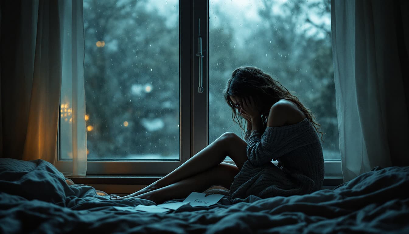 AI generated: very melancholic picture of a sad very pretty woman,looking outside from her room through a closed w...