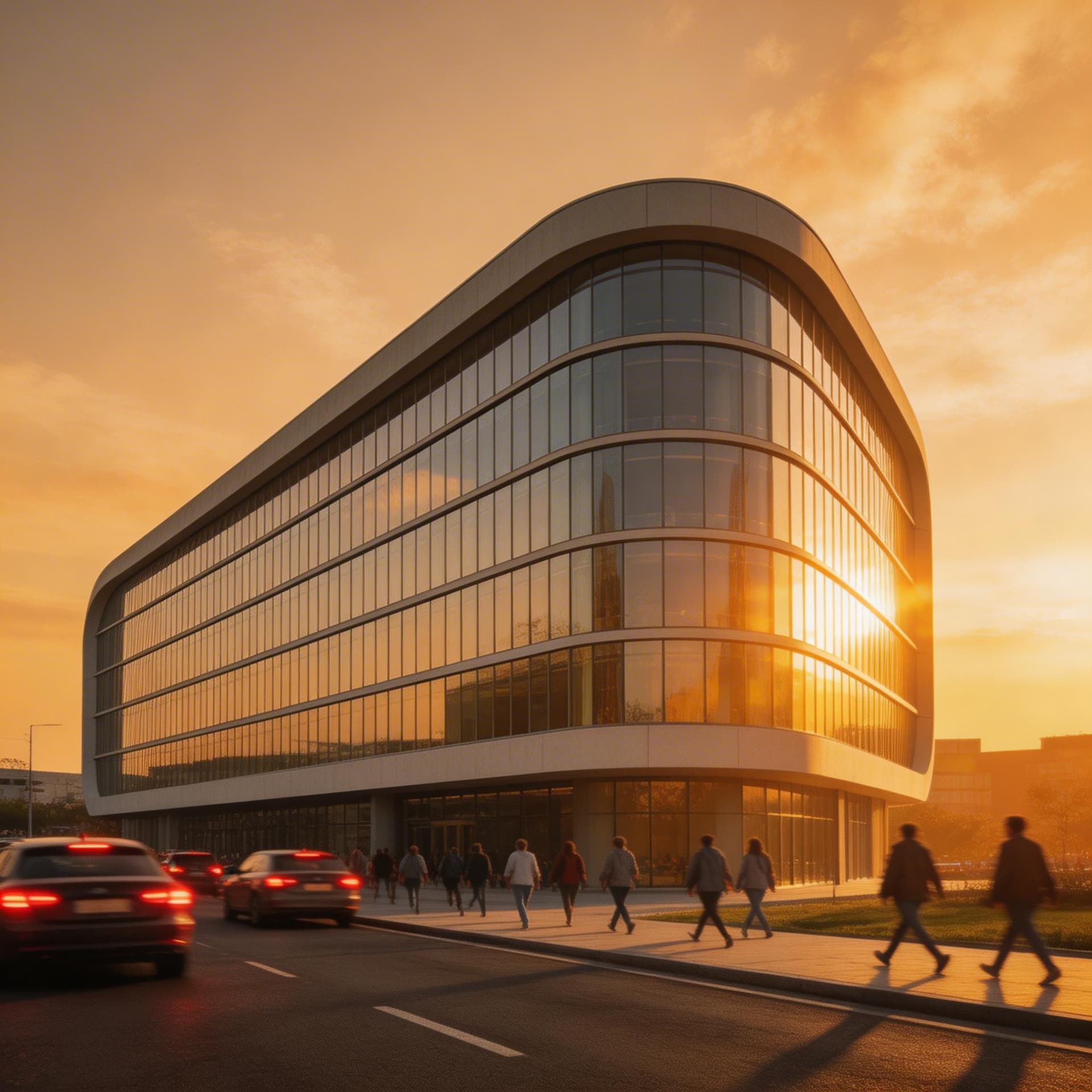 AI generated: photorealistic, canon EOS 5d, minimalistic medium scale office building, curved, geometric shaped ou...