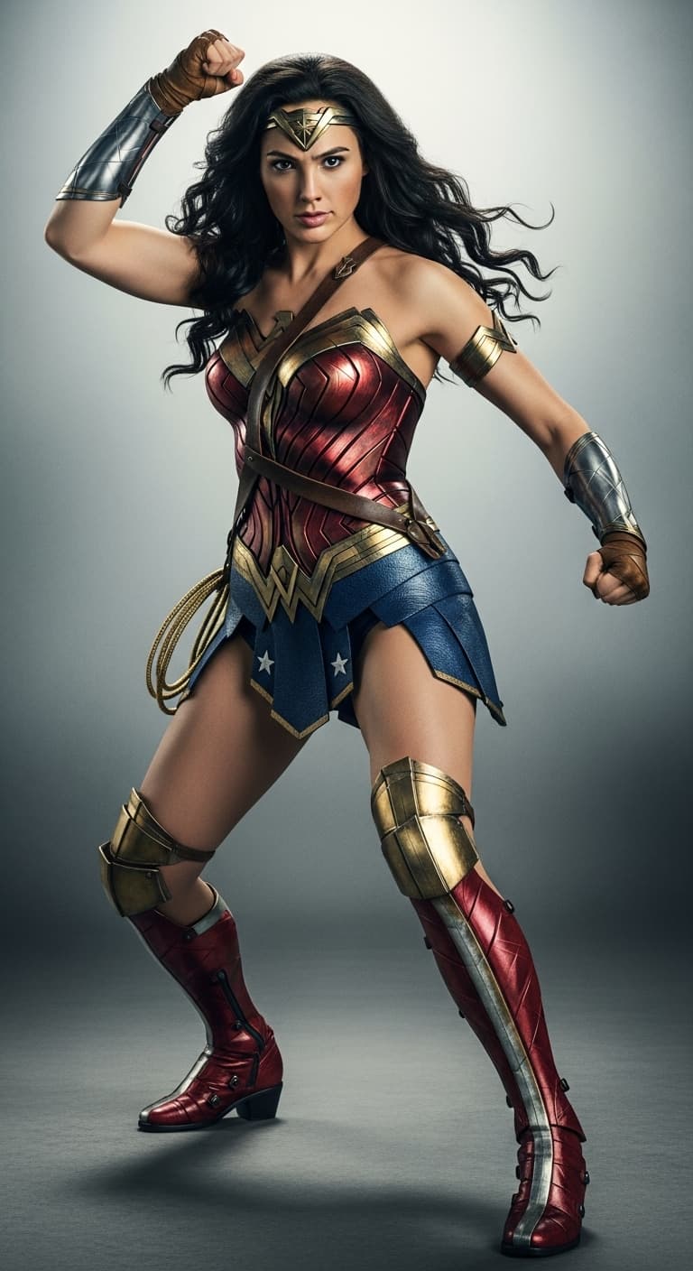 AI generated: Wonder Woman, SUPER HERO DEFENSE STANCE, looking at viewer, portrait, photography, detailed skin, re...
