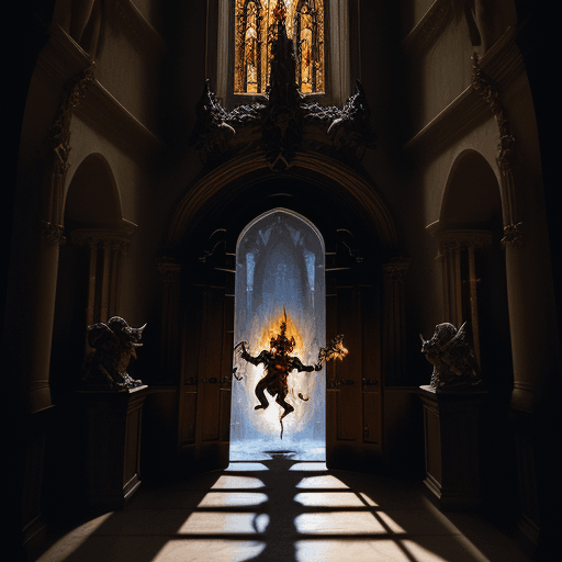 AI generated: Inside a cathedral, looking at the entrance. Hordes of demons outside are attacking the cathedral. O...