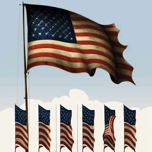 AI generated: Art of a vintage American flag waving in the wind, on white background, digital comic style, highly ...