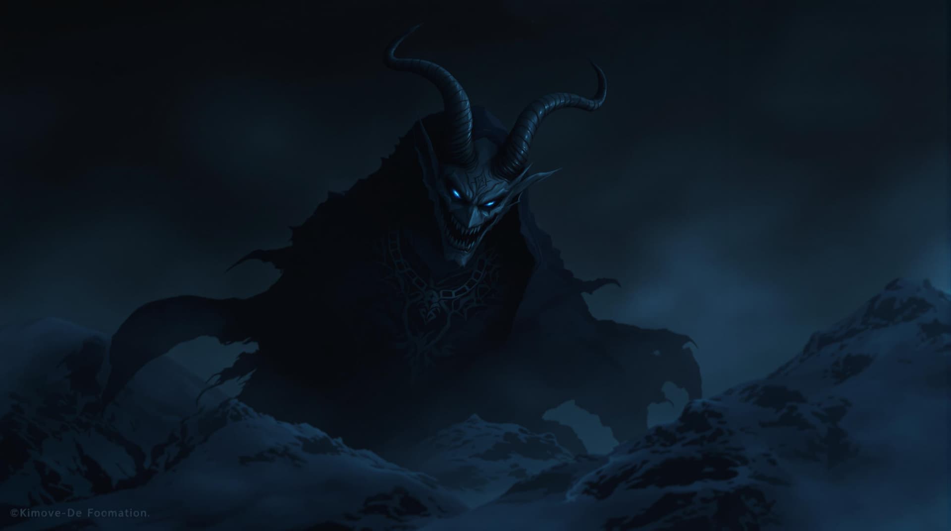 AI generated: demonic figure, dark robe with intricate details, imposing horns on head, dark and eerie landscape, ...