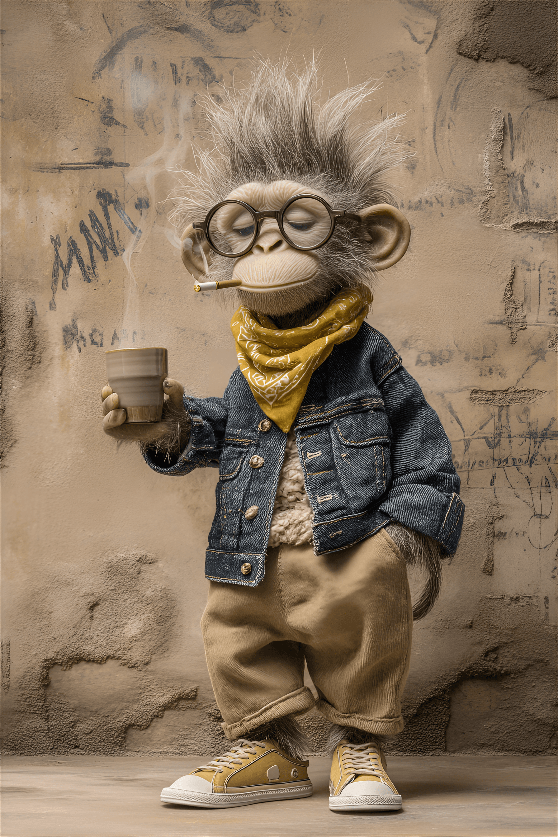 AI generated: anthropomorphic monkey stands slightly off-center against a textured, weathered wall with graffiti. ...
