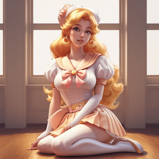 AI generated: sailor girl sitting on the floor in a room with a window, portrait of princess peach, princess peach...