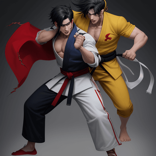 AI generated: Vertical, bicolor full body digital art of an anime male JUDO MASTER IN A  fighting pose, with black...