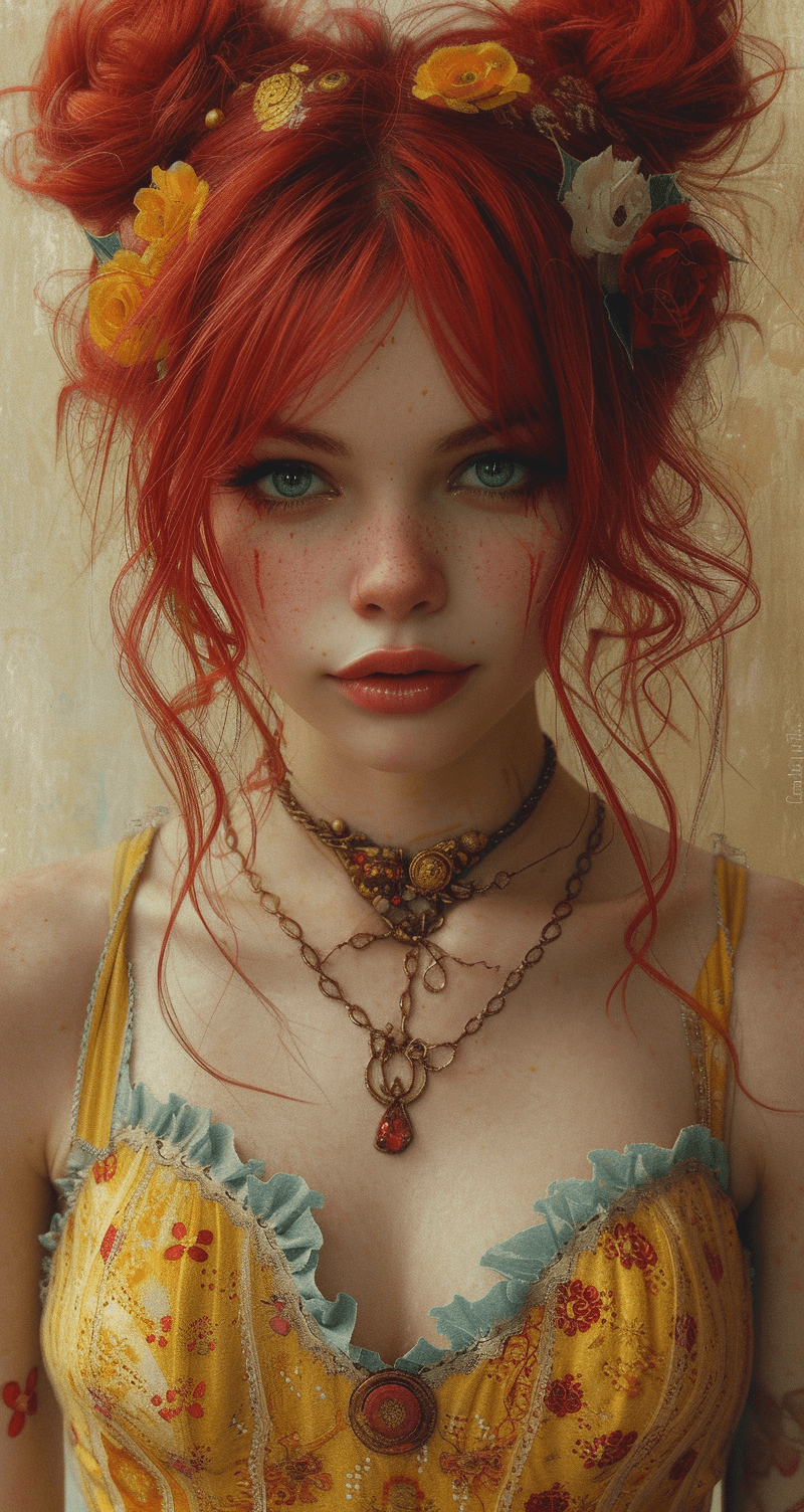 AI generated: a woman dressed as a clown with red hair, in the style of magical girl, colorful moebius, light yell...
