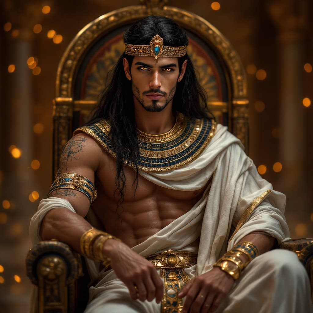 AI generated: an eclectic 26 year old Egyptian man, a pharoah, golden eyes, soft long black hair, throne, posing, ...