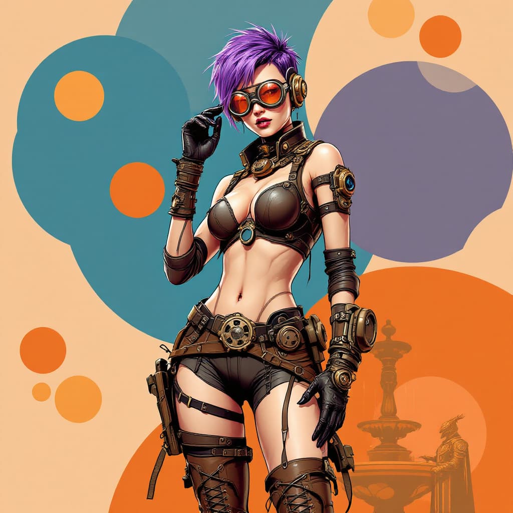AI generated: Image is a digital illustration featuring a futuristic, steampunk-inspired character. The layout is ...