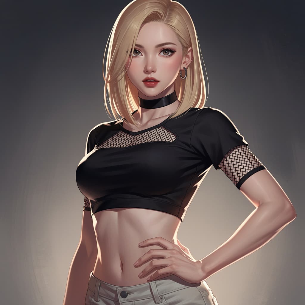 AI generated: blond woman with a choke and a black top posing for a picture, asian girl, sexy girl, inspired by Ya...