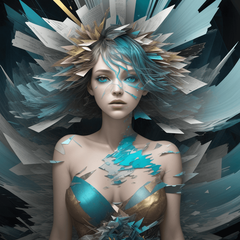 AI generated: A dynamic mixed-media collage showcasing an ethereal figure, surrounded by a swirling storm of grung...